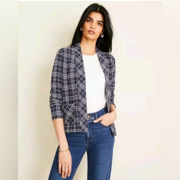 🆕 ANN TAYLOR Open Cropped Plaid Blazer Jacket | XS NWT - Picture 1 of 10